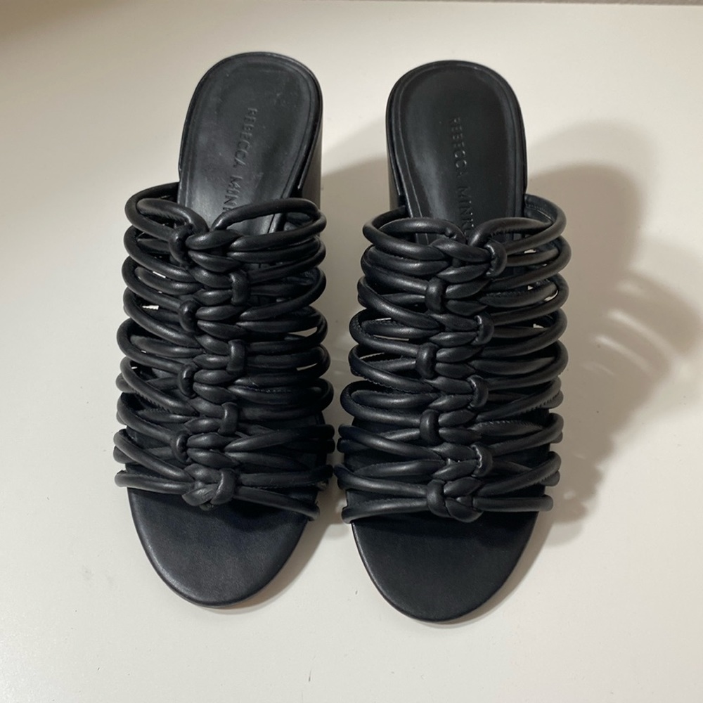 NWOB Rebecca Minkoff woven faux leather wedge sandals black size 5.5